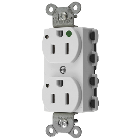 HUBBELL WIRING DEVICE-KELLEMS Straight Blade Devices, Receptacles, Duplex, SNAPConnect, Hospital Grade, LED Indicator, 15A 125V, 2-Pole 3-Wire Grounding, 5-15R, Nylon, White SNAP8200WL
